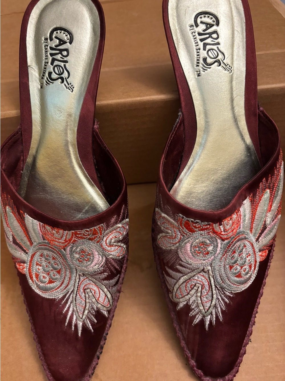 Carlos by Carlos Santana Burgundy and Silver Embroidered Slip-On Mules